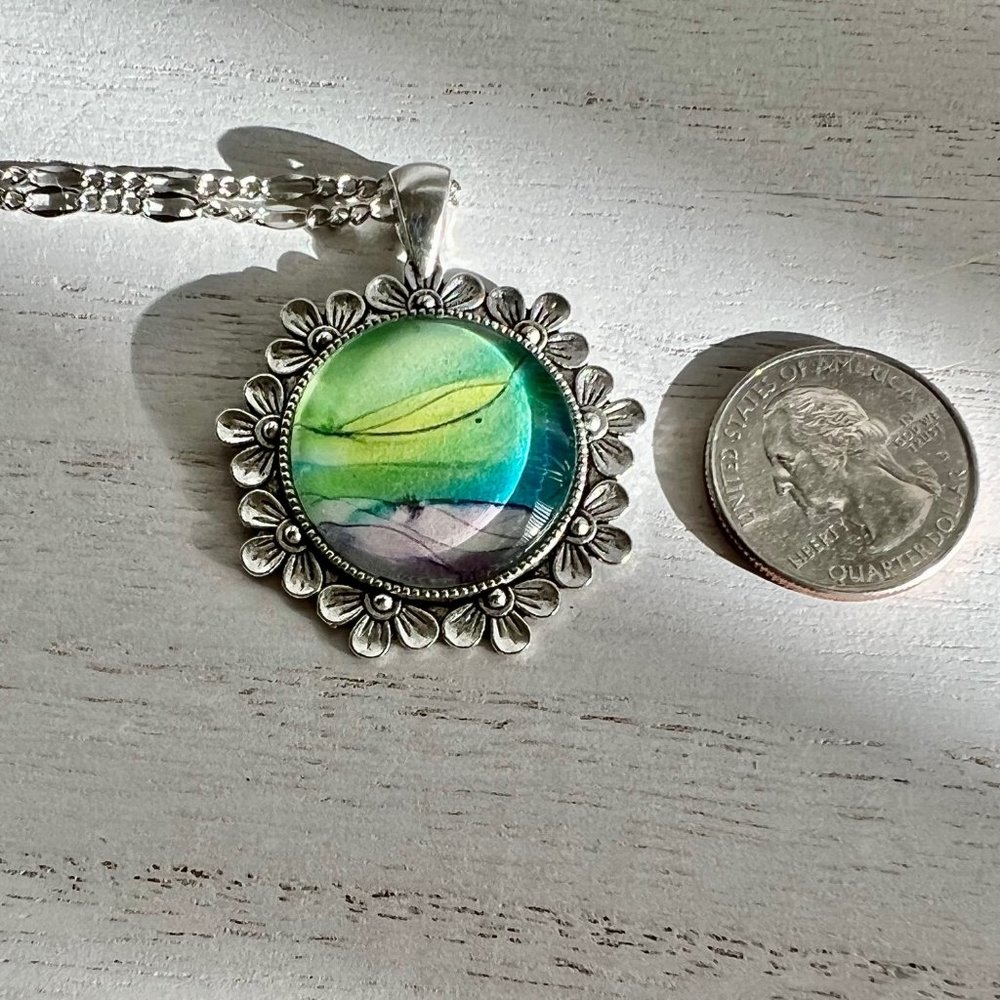 Watercolor Flower Pendant Necklace, Floral Metal Necklace, Boho Jewelry - Picture 8 of 11